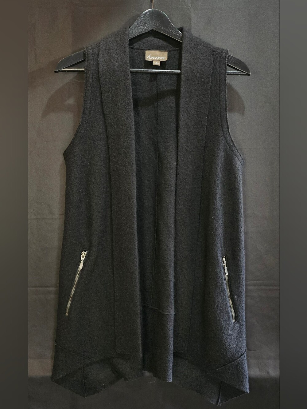 Apropos Wool Blend Open Front Vest Draped Shawl Collar Charcoal Gray